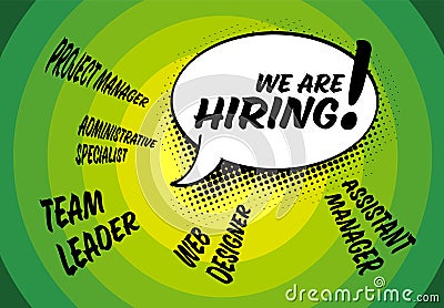 We are hiring minimalistic green flyer template with comic strip bubble and position titles Vector Illustration