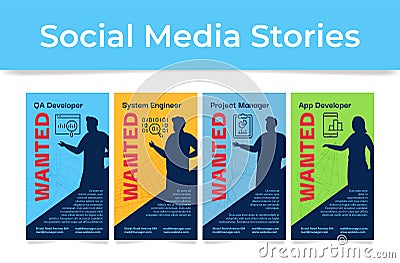 We are hiring QR developer system engineer app development social media stories set vector Vector Illustration