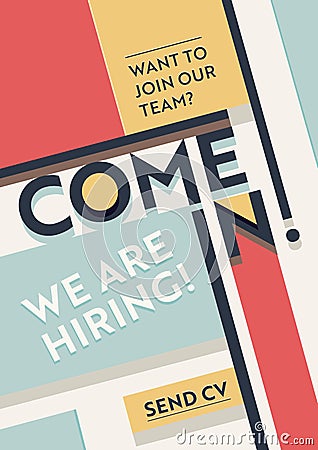 Hiring Recruitment Poster. We Are Hiring Typography on Geometric Retro Colored Shapes Background. Open Vacancy Design Template Vector Illustration