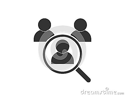 We are hiring. Search for job. Find vacancy. Loupe icon with person silhouette. Look for candidate. Magnifier choosing Vector Illustration