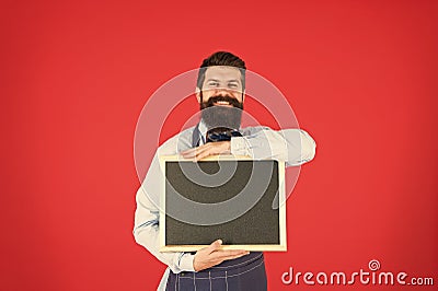 Hiring staff. Hipster bartender show blackboard copy space. Hipster restaurant staff. Hipster informing you. Man bearded Stock Photo