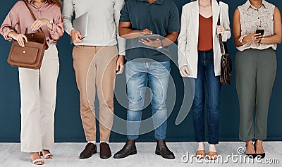 Hiring, technology and business people in row for job interview, vacancy and career opportunity in office. Corporate Stock Photo