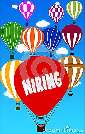 HIRING written on hot air balloon with a blue sky background. Stock Photo