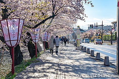 Hirosaki city street view. Cherry blossom in spring season sunny day and clear blue sky Editorial Stock Photo