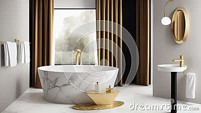 Luxury Bathroom Design Featuring Black and White Mosaic Tile and Gold Fixtures Stock Photo