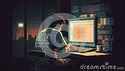 In his office, a guy programmer sits in front of a computer screen to write software code. The IT concept, AI Generative Stock Photo