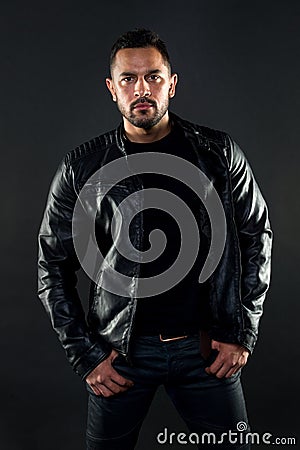 His style. Hispanic man with fashionable style. Bearded man in the fashion. Fashion model wear clothing in macho style Stock Photo