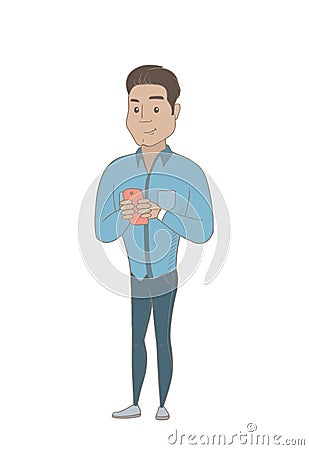 Hispanic businessman holding a mobile phone. Vector Illustration