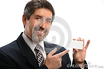 Hispanic Businessman Pointing to Card Stock Photo