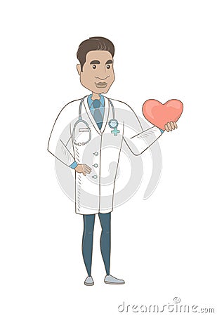 Hispanic cardiologist holding a big red heart. Vector Illustration