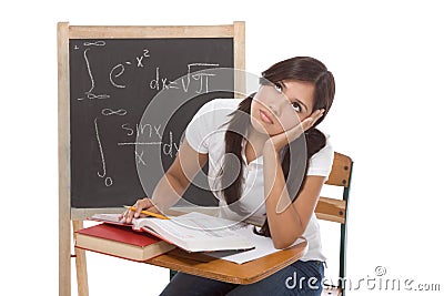 Hispanic college student woman studying math exam Stock Photo