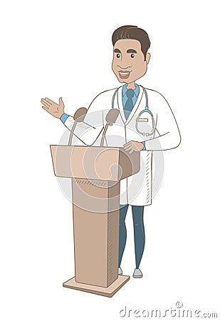 Hispanic doctor giving a speech from tribune. Vector Illustration