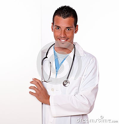 Hispanic doctor holding a blank placard Stock Photo