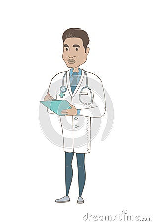 Hispanic doctor holding clipboard with documents. Vector Illustration