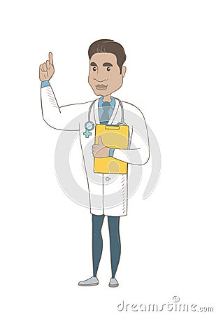 Hispanic doctor holding clipboard with documents. Vector Illustration