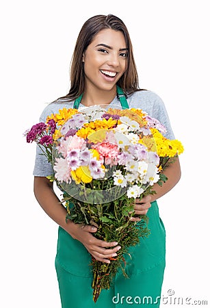 Hispanic female flower seller with green apron Stock Photo