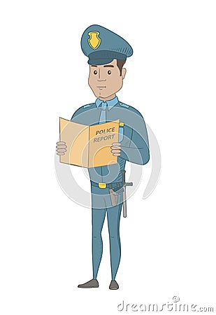 Hispanic police officer holding a police report. Vector Illustration