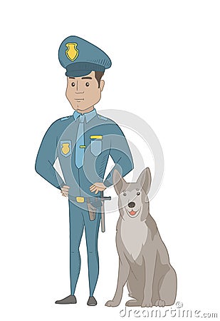 Hispanic police officer standing near police dog. Vector Illustration