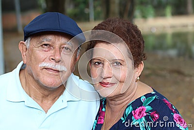 Hispanic senior couple with copy space Stock Photo