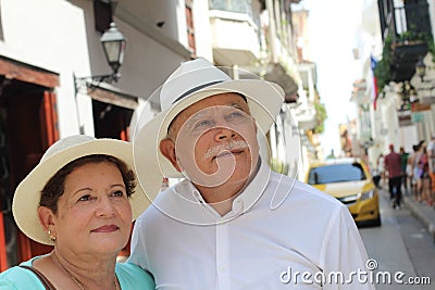 Hispanic senior couple with copy space Stock Photo