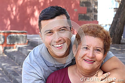 Hispanic senior woman with her son Stock Photo