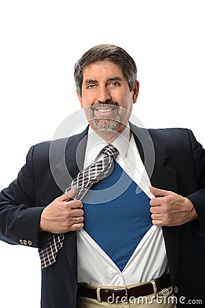 Hispanic Super Businessman Opening Shirt Stock Photo