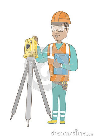 Hispanic surveyor builder working with theodolite. Vector Illustration
