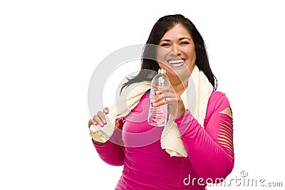 Hispanic Woman In Workout Clothes, Water and Towel Stock Photo