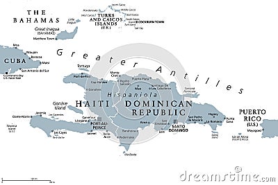 Hispaniola and surroundings, Caribbean islands, gray political map Vector Illustration