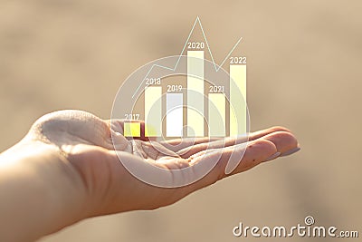 histogram with columns and years in the palm of the hand girl, analysis of years from 2017 to 2022, subview of totals Stock Photo