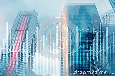 Histogram and lines economic chart of financial instrument on modern metropolis. Up and down arrows. Stock Photo