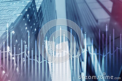 Histogram and lines economic chart of financial instrument on modern metropolis. Up and down arrows. Stock Photo