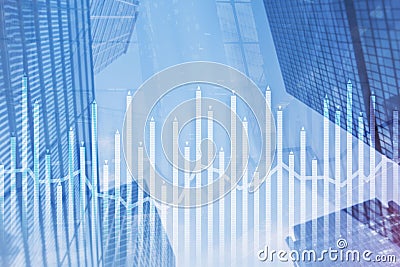 Histogram and lines economic chart of financial instrument on modern metropolis. Up and down arrows. Stock Photo