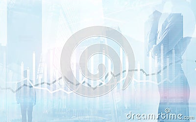 Histogram and lines economic chart instrument on modern metropolis. Stock Photo