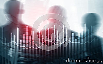 Histogram and lines economic chart instrument on modern metropolis Stock Photo