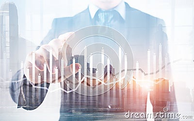 Histogram and lines economic chart instrument on modern metropolis Stock Photo