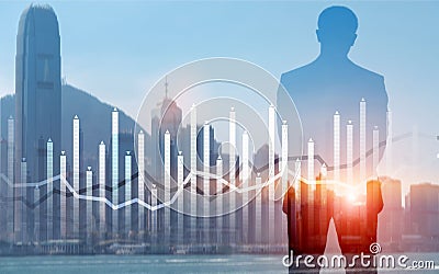 Histogram and lines economic chart instrument on modern metropolis Stock Photo