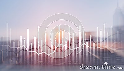 Histogram and lines economic chart on modern architecture background Stock Photo