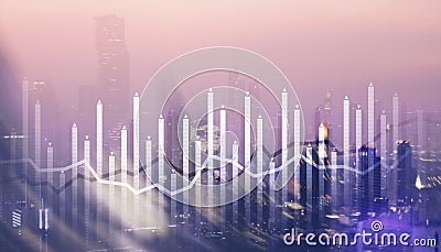 Histogram and lines economic chart on modern architecture background Stock Photo