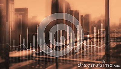 Histogram and lines economic chart on modern architecture background Stock Photo