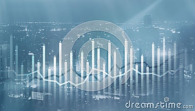 Histogram and lines economic chart on modern architecture background Stock Photo