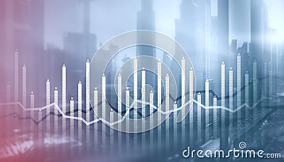 Histogram and lines economic chart on modern architecture background Stock Photo