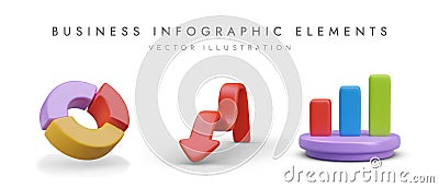 Histogram, pie chart and arrow in red, purple and green colors Vector Illustration