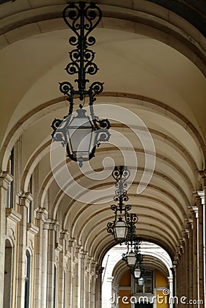 Historic arcades in the downtown of Lisbon on the Comercio Square Stock Photo