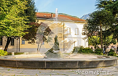 The historic and artistic fountain of the seal in Bellinzona city, Switzerland Stock Photo