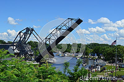 Historic Ashtabula Harbor lift bridge raised on a sunny Summer Day Editorial Stock Photo