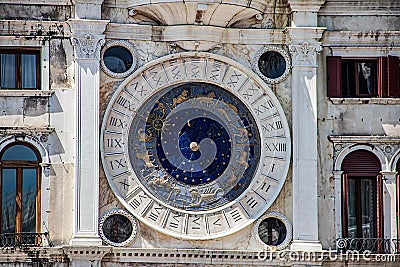 The historic astrological clock face on St Mark's Clock tower in Venice (Veneto), Italy, St Mark square Editorial Stock Photo