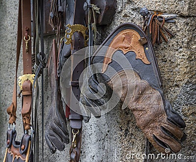 Falconry accessories in Hohenwerfen castle Stock Photo