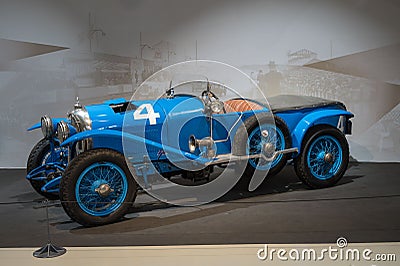 Historic blue 1925 Lorraine Dietrich B3-6 endurance racing car in the Le Mans museum Editorial Stock Photo