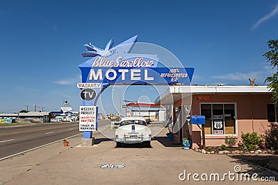 The historic Blue Swallow Motel, along the US Route 66, in the city of Tucumcari Editorial Stock Photo